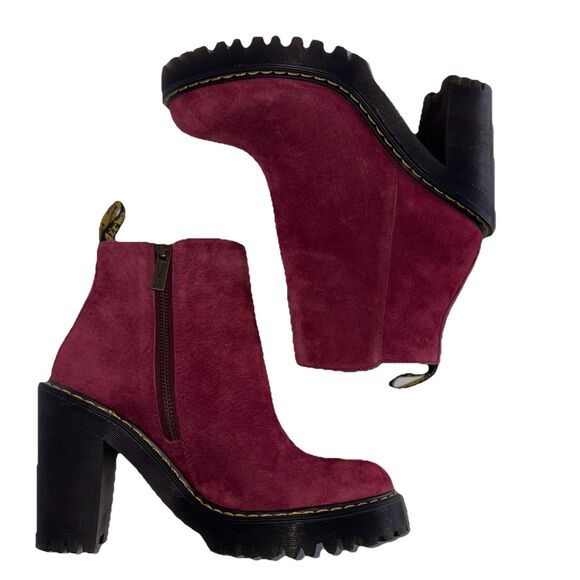 Dr. Martens Shoes - Doc Martens Size 7 Magdalena Suede Leather Ankle Boots 4" Heels Burgundy Wine